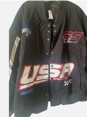 PacSun Black Racing Graphic Bomber Jacket with Red & White Accents